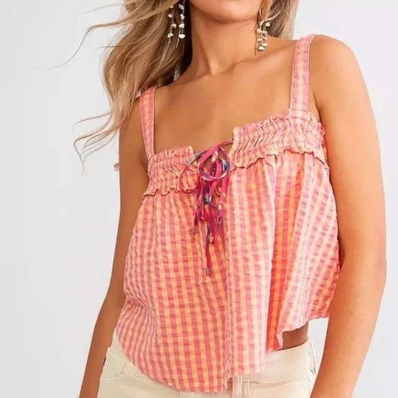 NEW FREE PEOPLE Picnic Party Top Women's Size LG Pink Combo - Picture 1 of 8